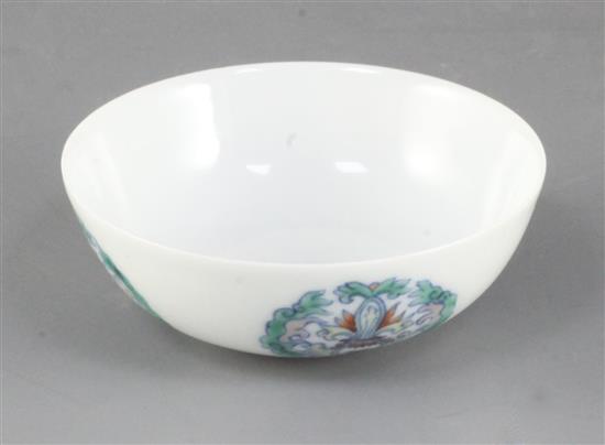 A Chinese doucai small bowl, Yongzheng mark, possibly Republic period, diameter 8.4cm, tiny rim chip